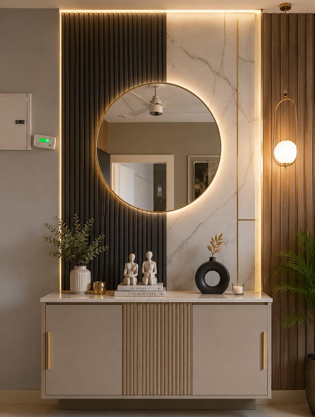 Console table with fluted centre panel and round mirror