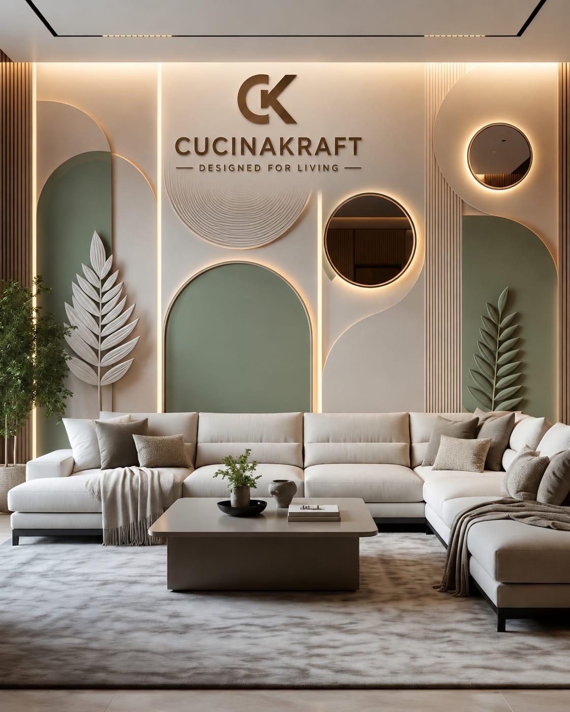 Living room sectional sofa beneath a sculptural arched CucinaKraft feature wall