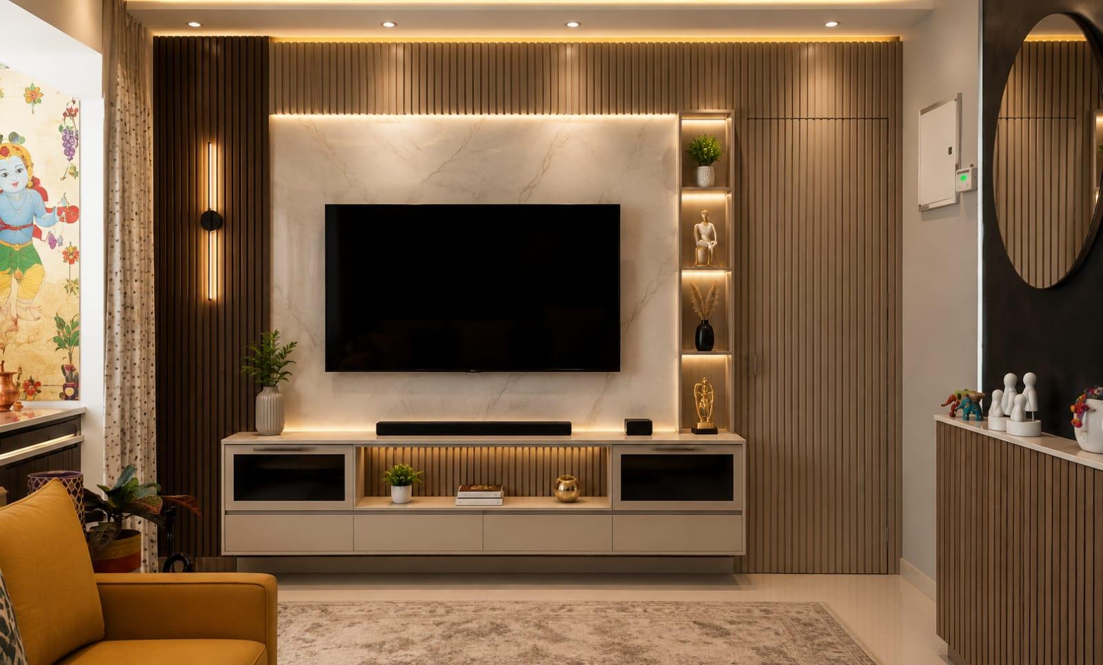 Fluted wood wall paneling beside a round mirror in a warmly lit living room