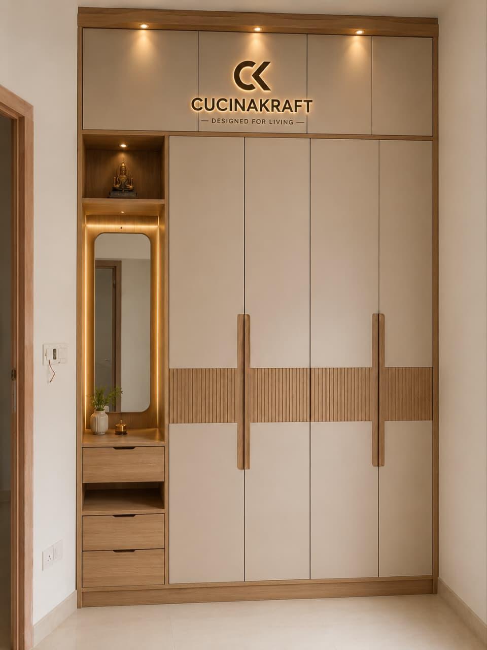Wardrobe with fluted wood inlay and mirrored dresser unit
